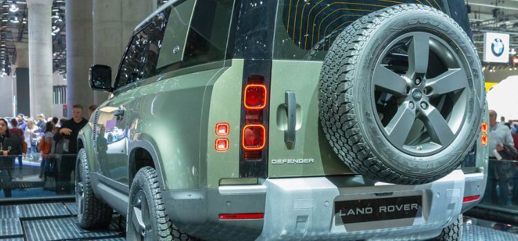 spare tire mount on the back door of the Land Rover Defender